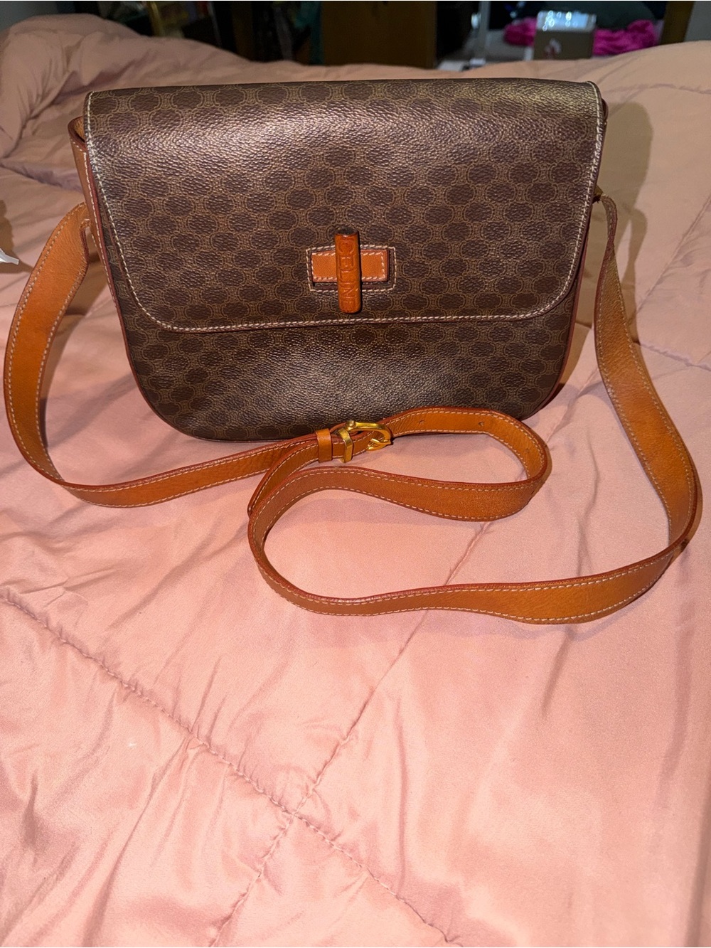 Celine Brown Monogram Shoulder Bag with Tan Trim - Picture 12 of 12